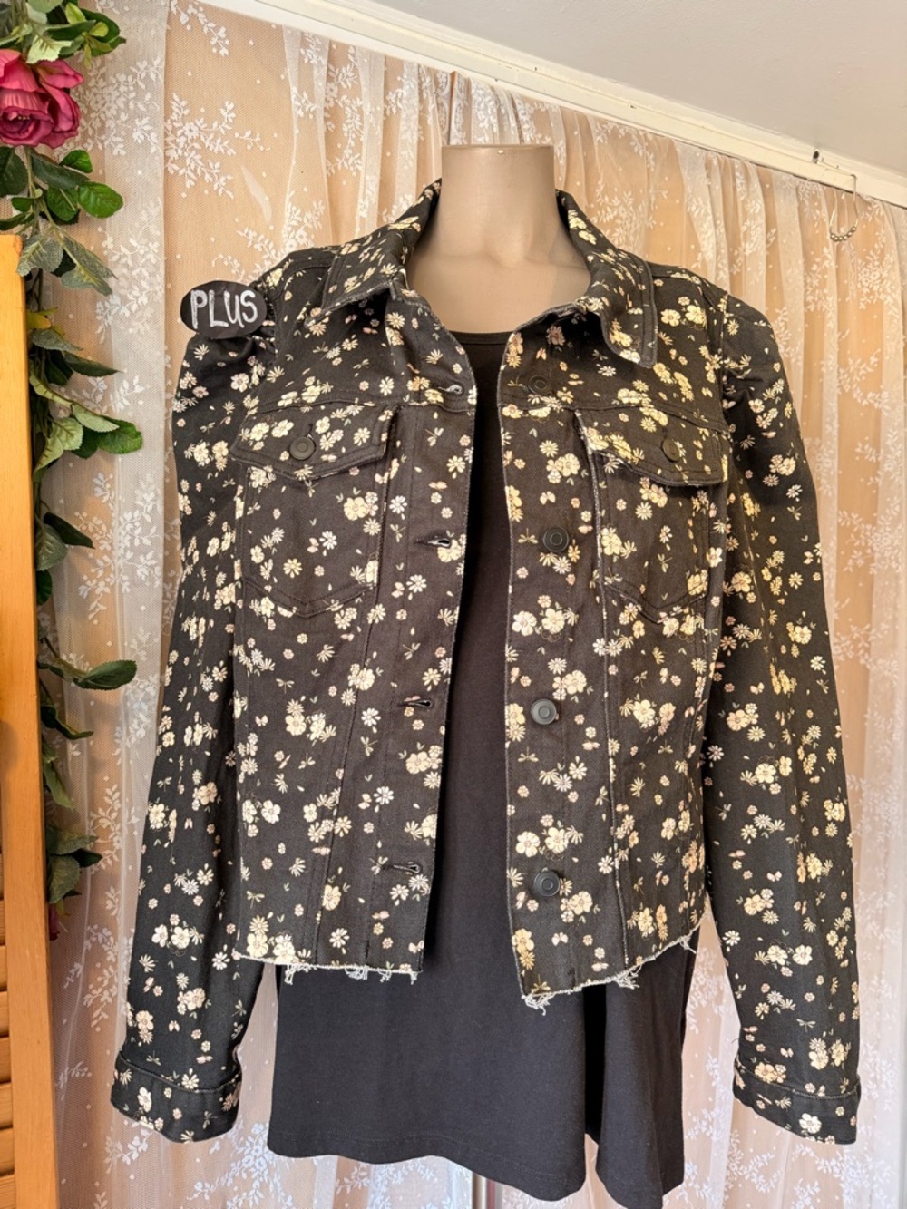 2X Celebrity Pink Black Denim Jacket with Cream Floral Print